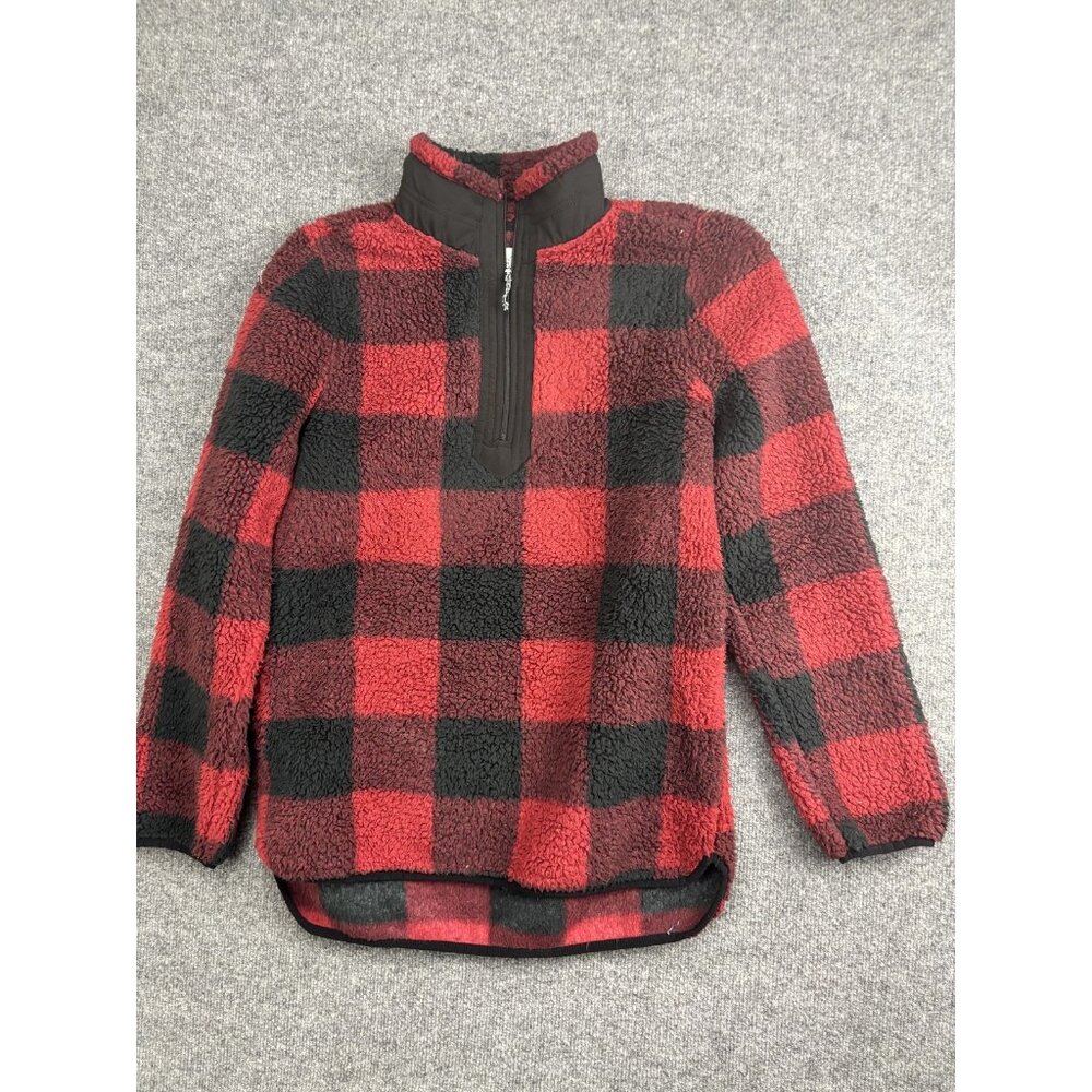 BKE Fleece Jacket Womens Small Red Black Buffalo Plaid Sherpa‎ 1/4 Zip Pullover